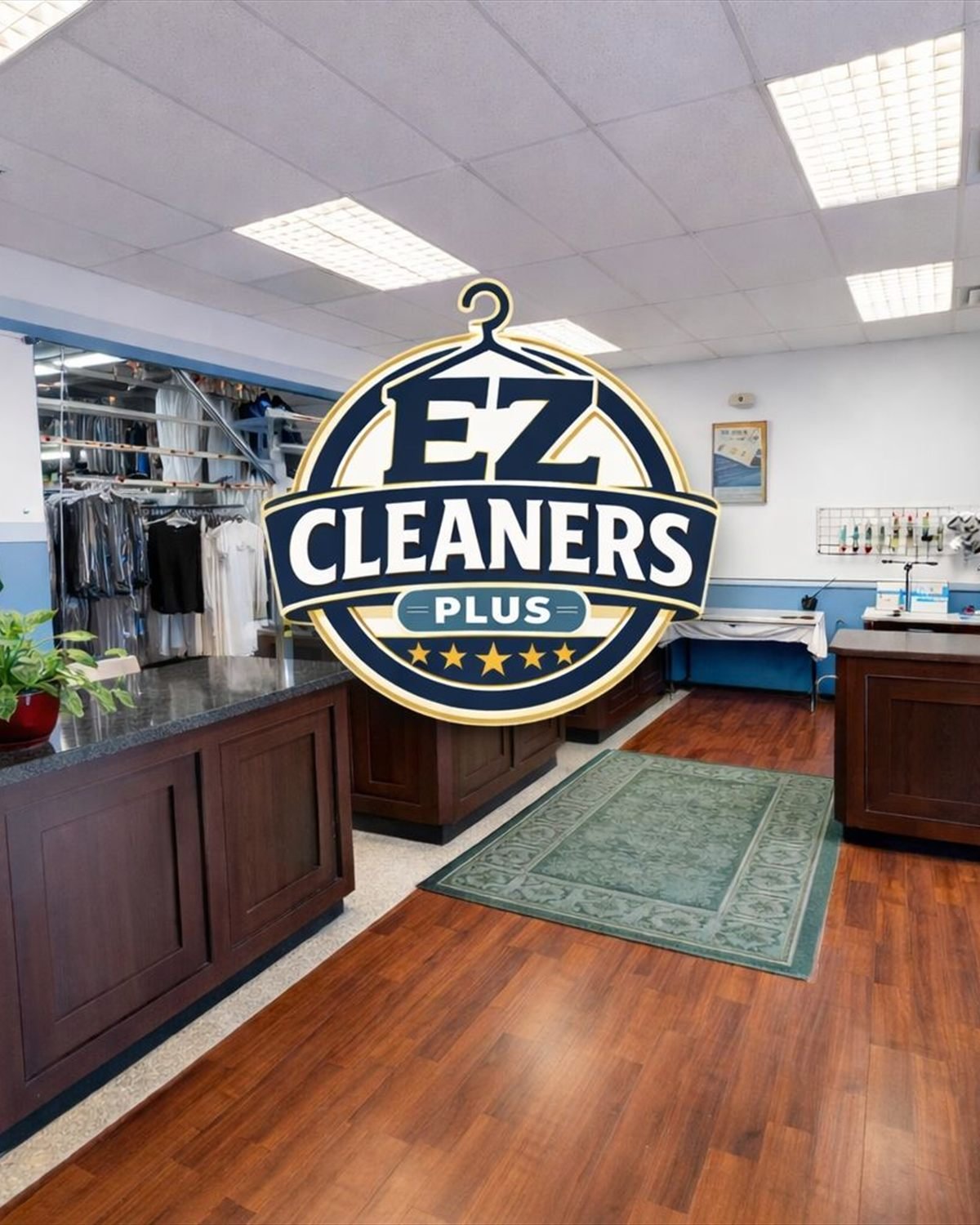 The front counter at EZ Cleaners Plus with a rail of bagged garments behind it.