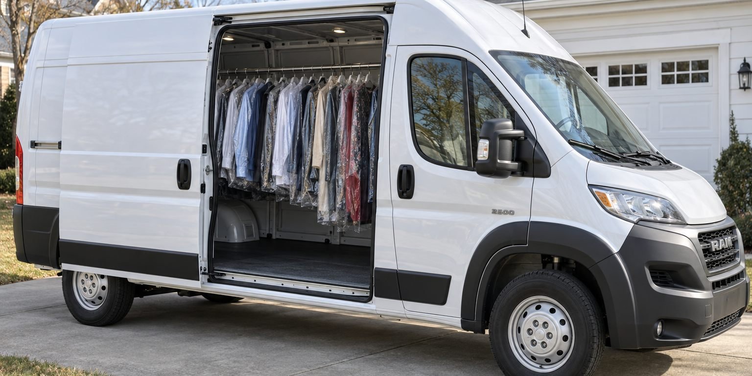 The EZ Cleaners Plus delivery van parked on a driveway with its side door open, showing a full rail of cleaned garments in clear bags on wire hangers.