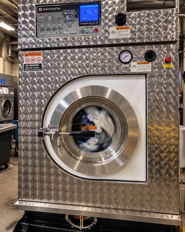 The shop's Sankosha dry cleaning machine mid-cycle, garments turning behind the glass door.
