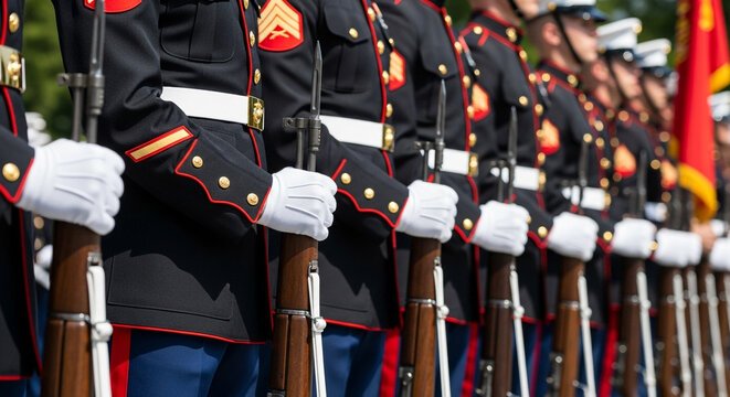 Marines in dress blues and white gloves standing in formation.