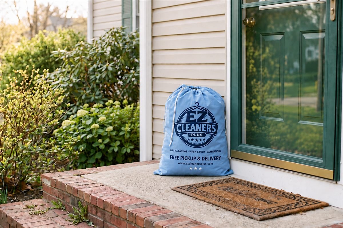A tied laundry bag and bagged garments waiting on a porch step for pickup.