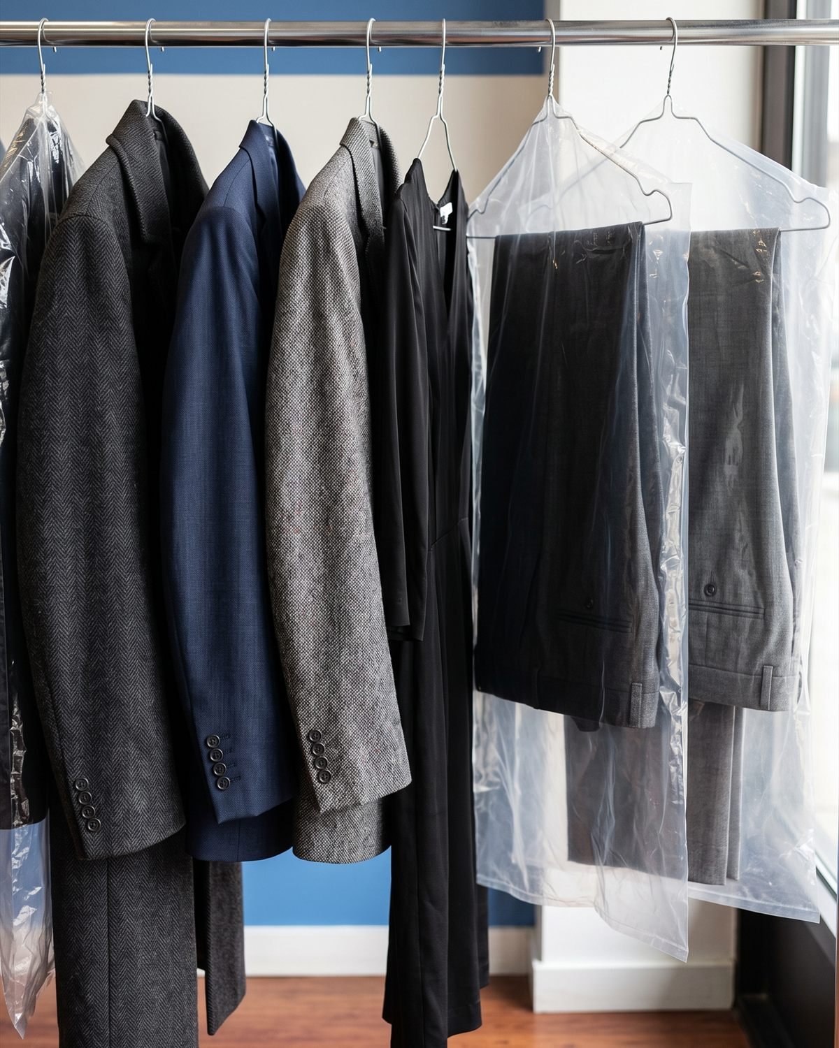 A rail of suit jackets, a wool coat and pants bagged and ready for pickup.