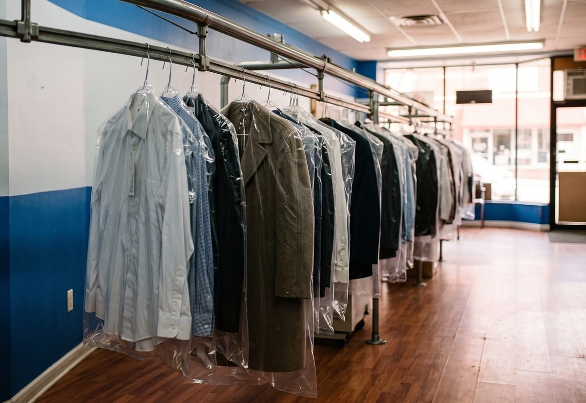 A rail of finished dry cleaning in clear bags on wire hangers inside the shop.