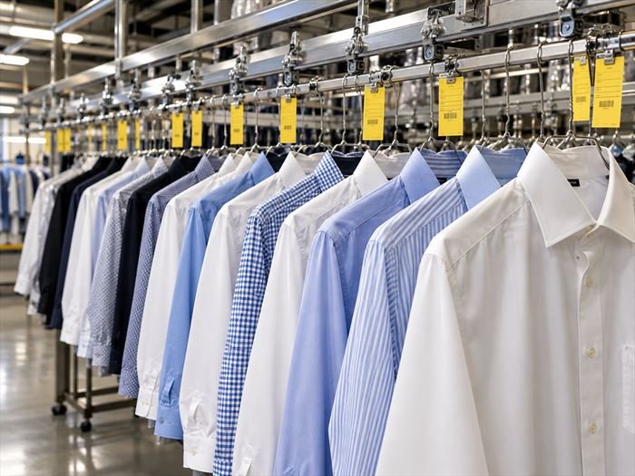 A rail of pressed dress shirts on hangers, each tagged to its ticket.