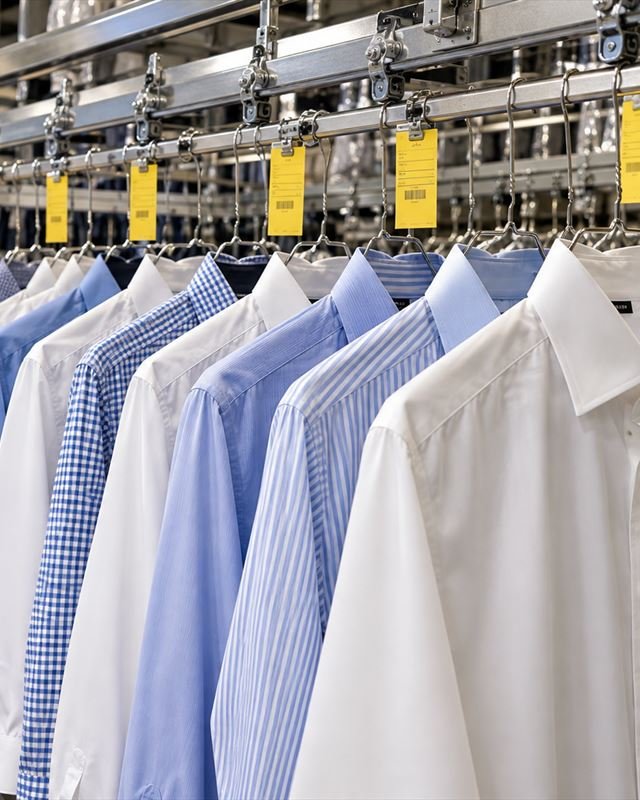 Pressed dress shirts on hangers, each tagged to its ticket.