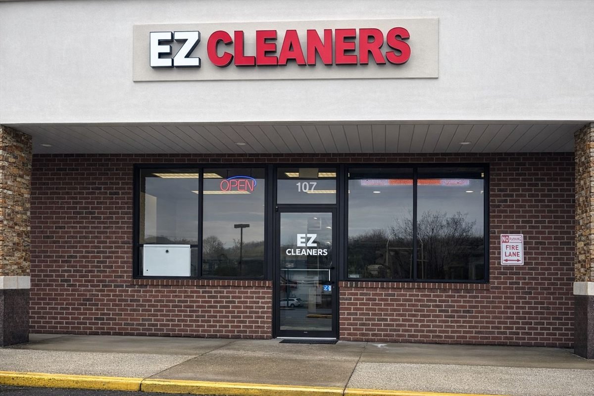 The EZ Cleaners Plus storefront, red channel-letter signage above a brick unit with the door propped open.