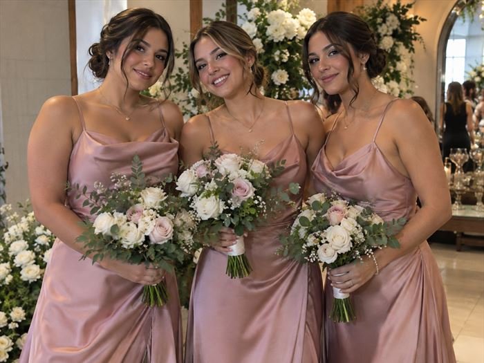Three bridesmaids in matching blush satin dresses holding bouquets.